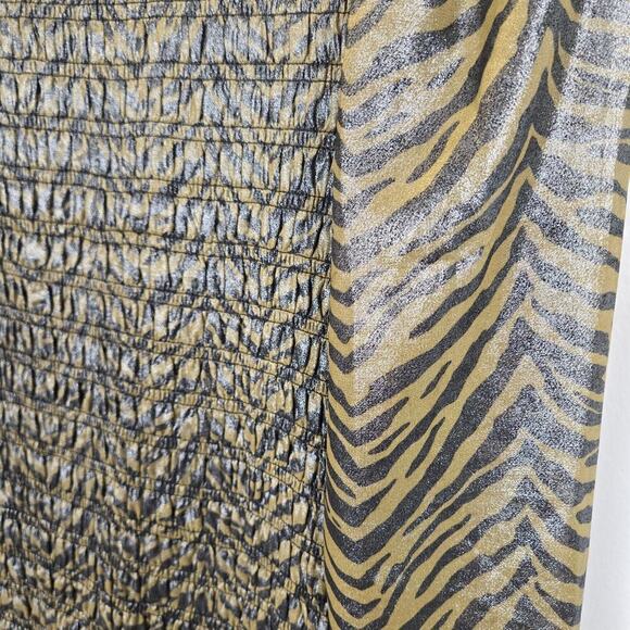 Forever 21 Smocked Tiger Print Metallic Party Mini Dress M Ruffle Hem Steampunk - Picture 3 of 7
